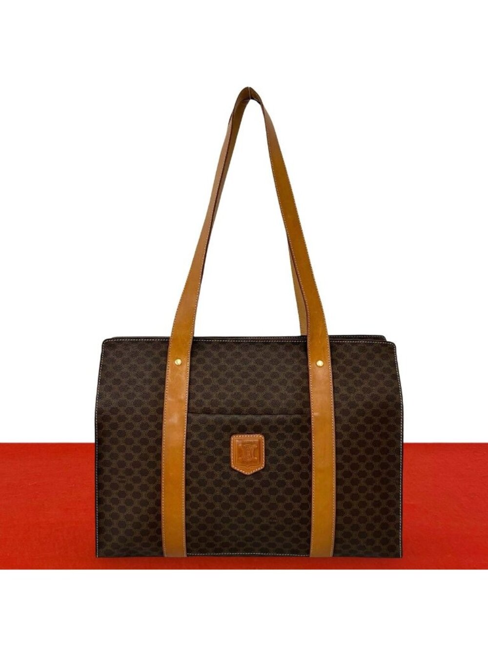 Celine Macadam Blason Pattern Logo Leather Tote Shoulder Bag Brown